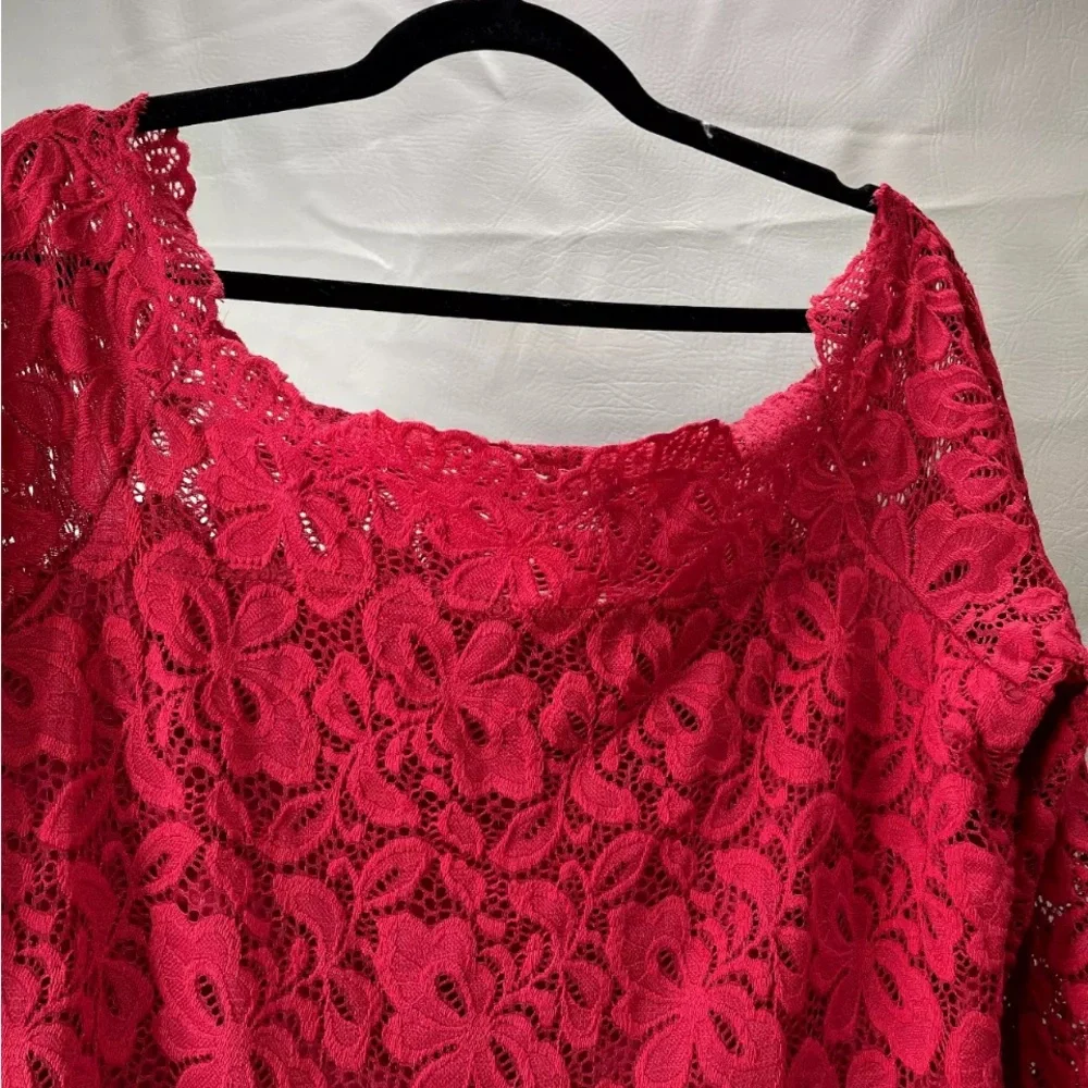 ACEVOG size XL red lace off shoulder midi dress lined with stretch 3/4 sleeve - Picture 5 of 14